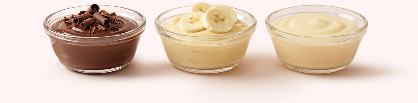 Chocolate, banana and vanilla protein pudding bowls
