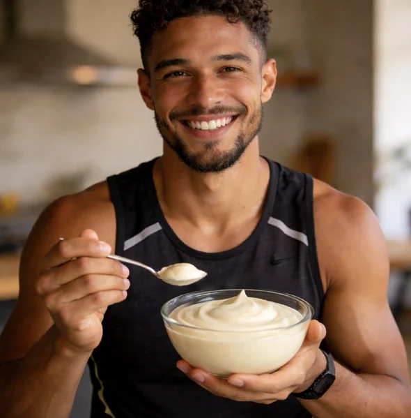 Man enjoying protein pudding after workout to hit protein goals