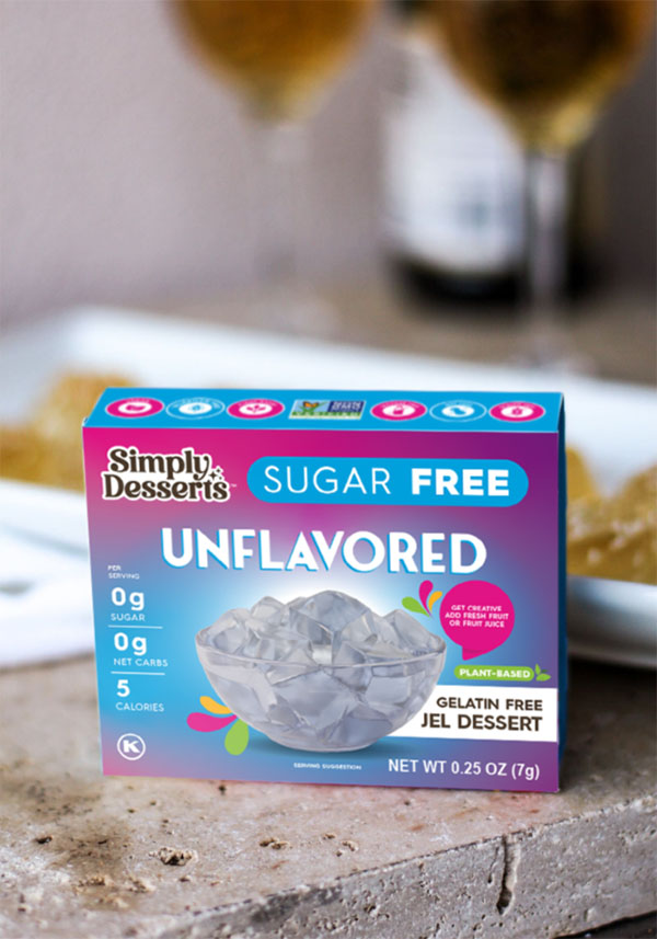 peach bellini champagne shots front view with simply desserts unflavored jel close up