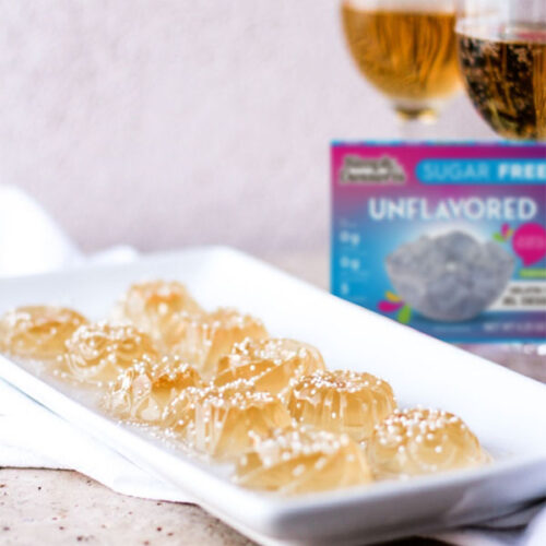 peach bellini champagne shots front view with simply desserts unflavored jel