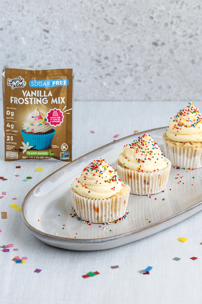 Microwave Confetti Cupcakes by @klean.kate with Simply Delish Vanilla Frosting Mix