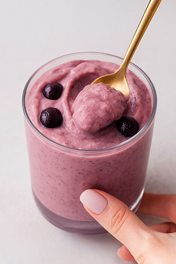 A creamy scoop of cherry cheesecake protein ice cream being lifted from a glass with a gold spoon, garnished with dark cherries