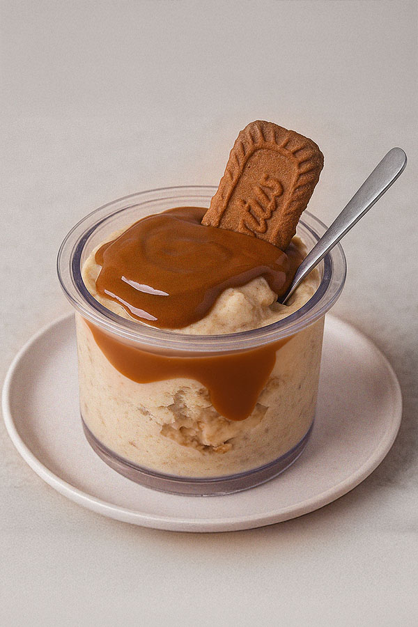 Studio-style image of a clear pint filled with Biscoff protein ice cream, neatly topped with glossy Biscoff spread and a biscuit, served on a white plate with a clean beige background