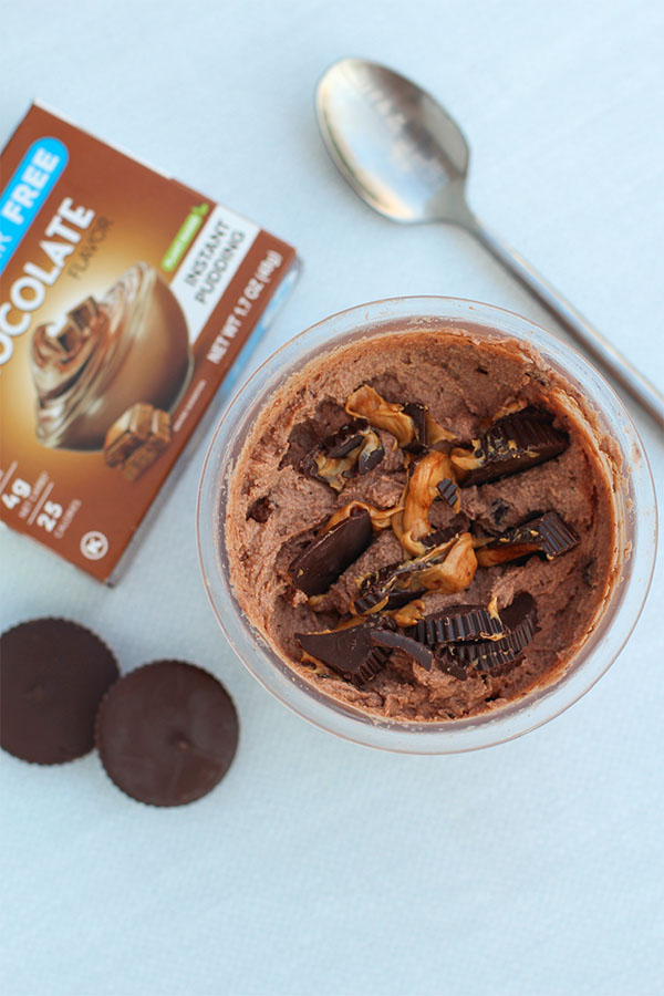 Scoop of chocolate peanut butter ice cream with Simply Desserts box