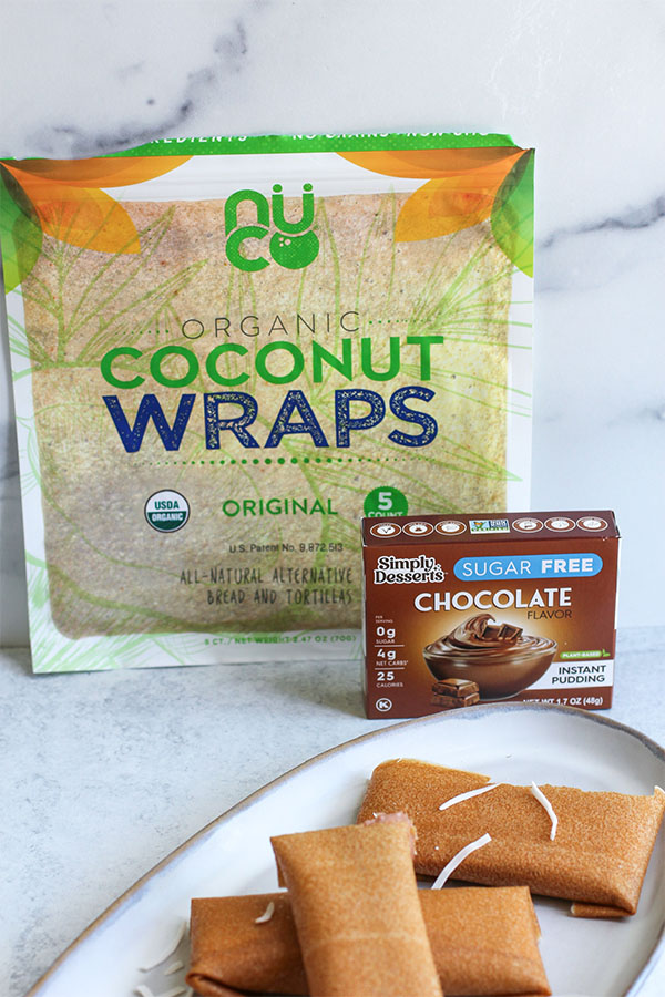 Simply Dessert Chocolate Pudding box and Nuco Coconut Wraps package with finished ice cream wraps on a plate