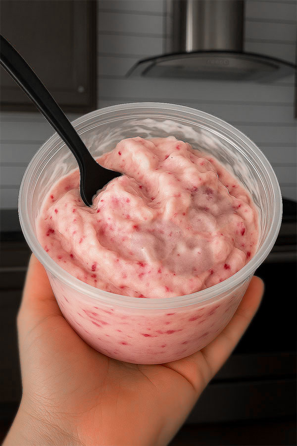 Hand holding a bowl of white chocolate raspberry cheesecake ice cream made in a Ninja Creami, showing a smooth and creamy pink texture