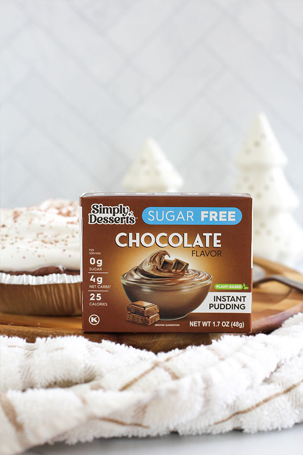 Simply Desserts sugar-free chocolate pudding box next to prepared chocolate silk pie