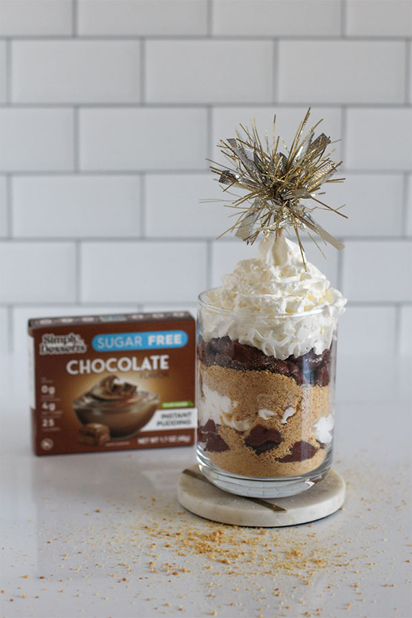 sugar free nye s’mores parfait made with simply desserts chocolate pudding layered with whipped cream and graham cracker crumbs