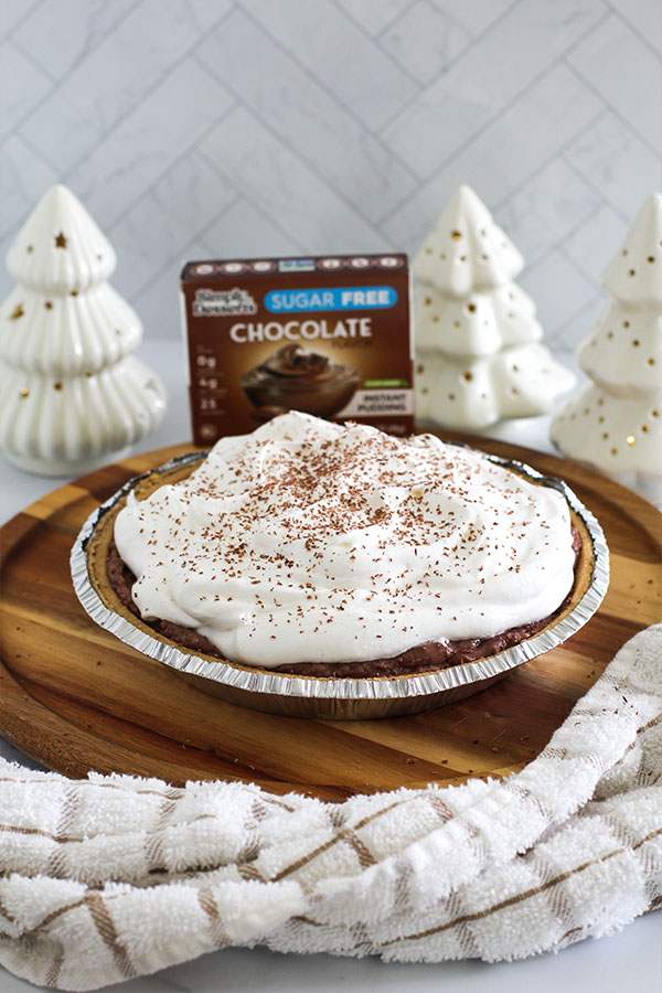 Sugar-free chocolate silk pie made with Simply Desserts chocolate pudding mix