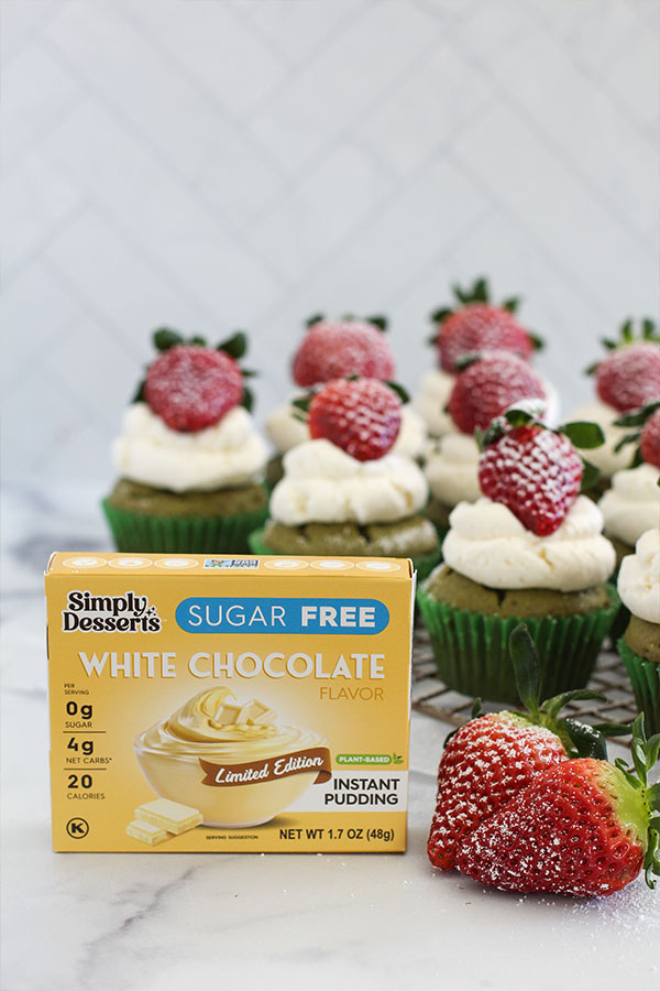 Matcha cupcakes with sugar-free white chocolate pudding frosting made using Simply Desserts