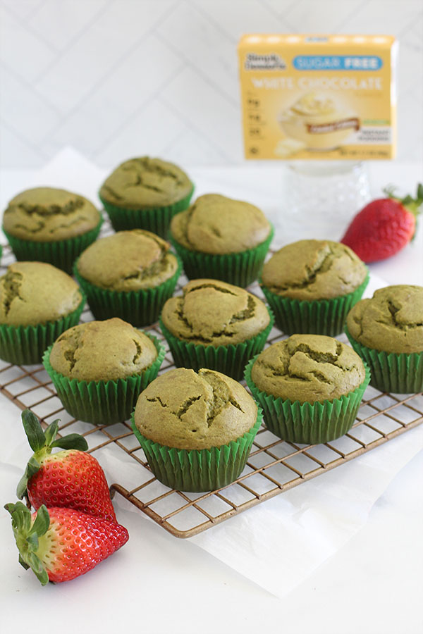 Strawberry matcha cupcakes served with Simply Desserts sugar-free white chocolate pudding mix