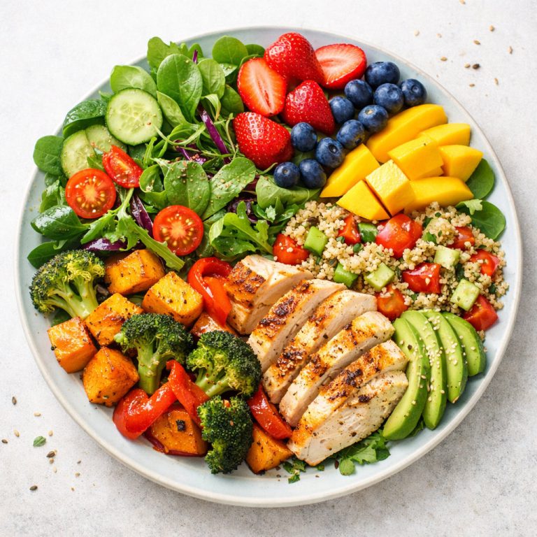 High-volume eating meal with vegetables, lean protein, and fruit on a full plate