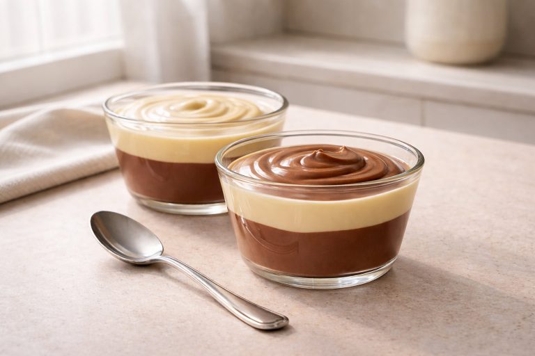 Protein pudding dessert shown in creamy chocolate and vanilla bowls, highlighting satiety and balance