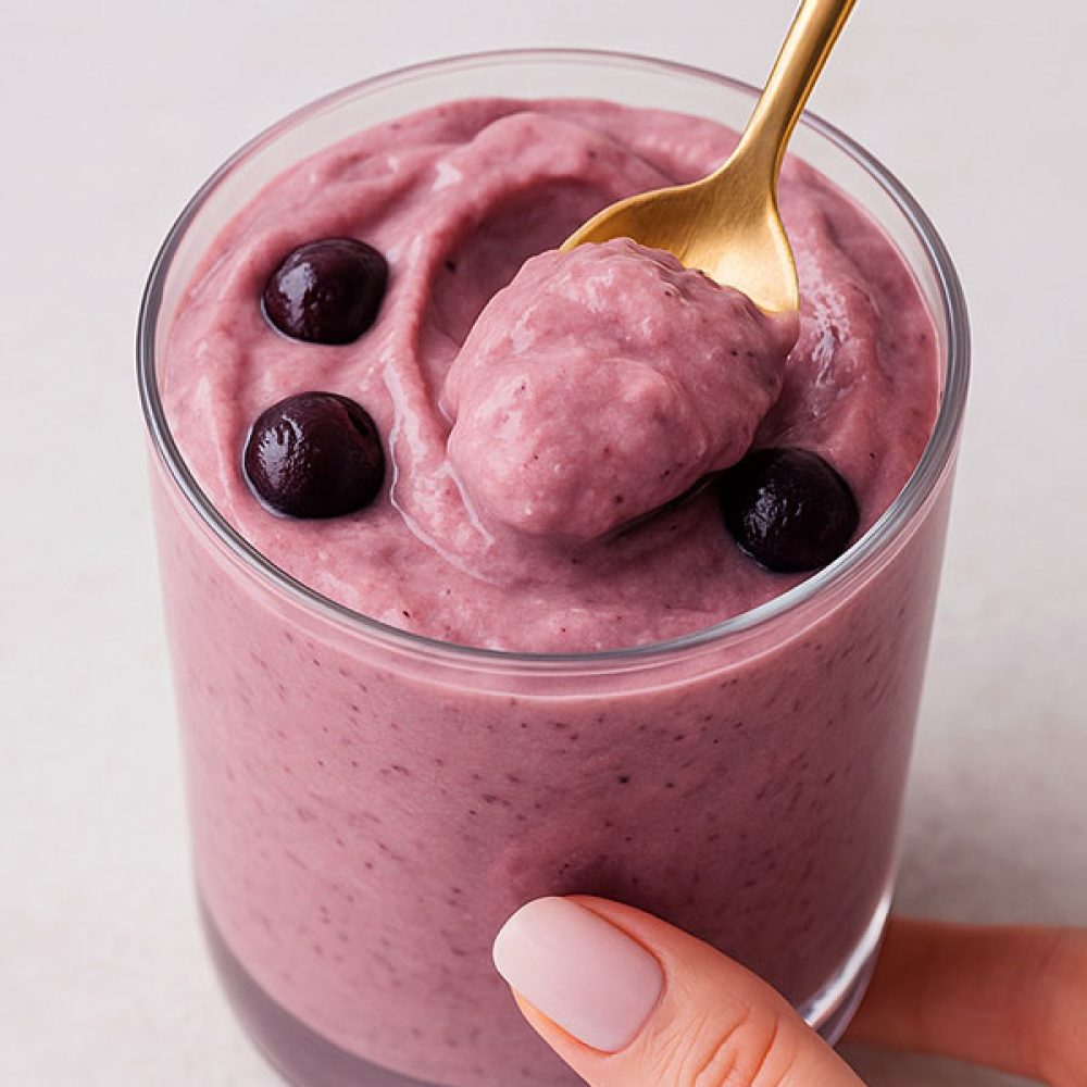 A creamy scoop of cherry cheesecake protein ice cream being lifted from a glass with a gold spoon, garnished with dark cherries
