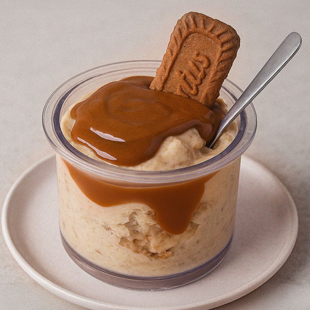 Studio-style image of a clear pint filled with Biscoff protein ice cream, neatly topped with glossy Biscoff spread and a biscuit, served on a white plate with a clean beige background